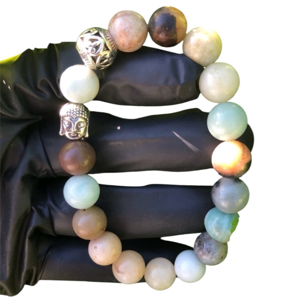 Amazonite Beaded Stretch Bracelet with Silver Buddha Bohemian Summer Festival